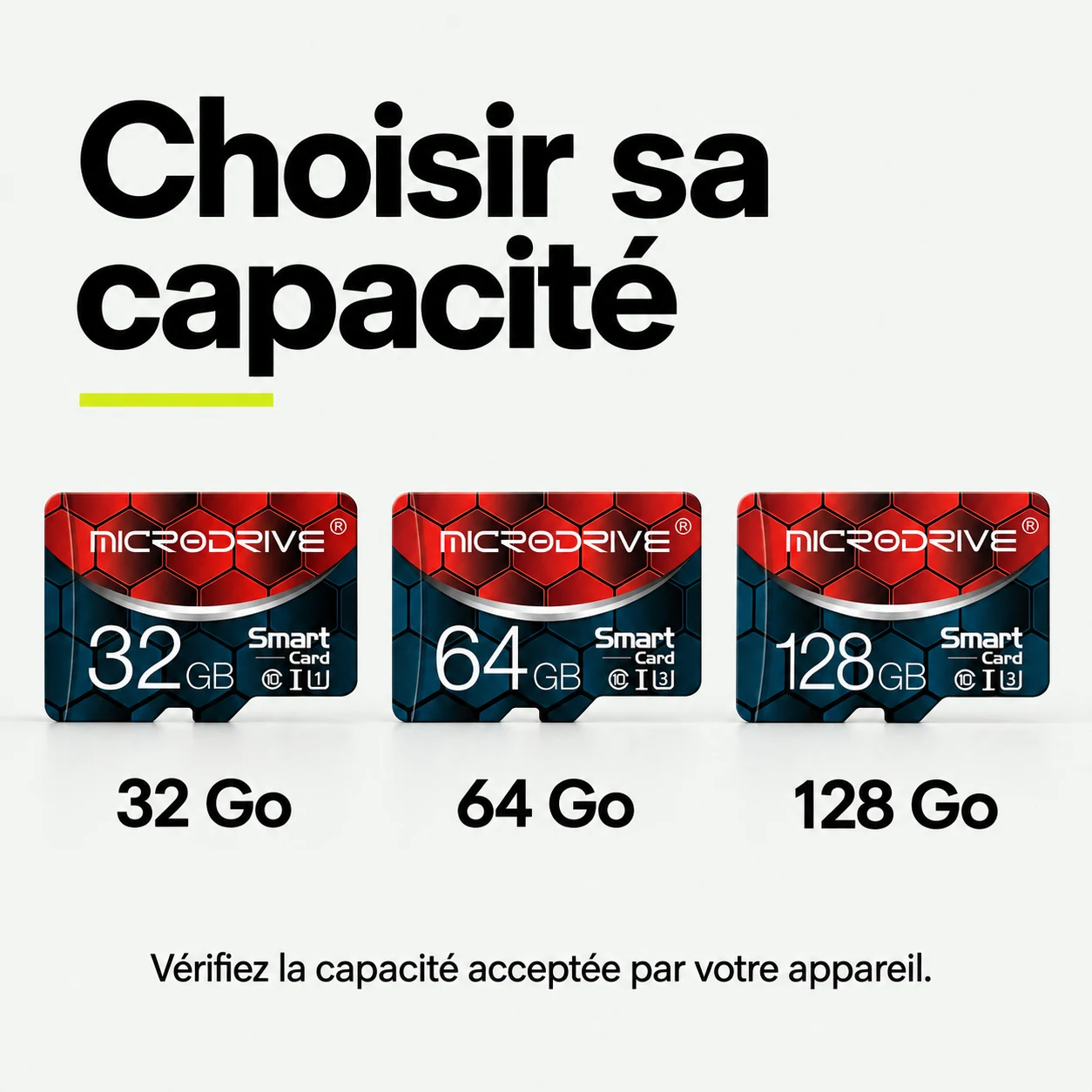 Carte mémoire microSD — Choisir sa capacité : 32 Go, 64 Go, 128 Go, Vérifiez la capacité acceptée par votre appareil.