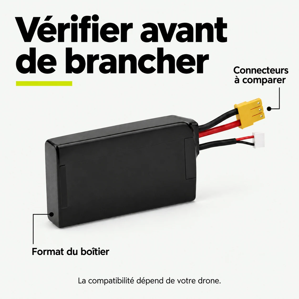 Batterie pour drone — Vérifier avant de brancher : Format du boîtier, Connecteurs à comparer, La compatibilité dépend de votre drone.