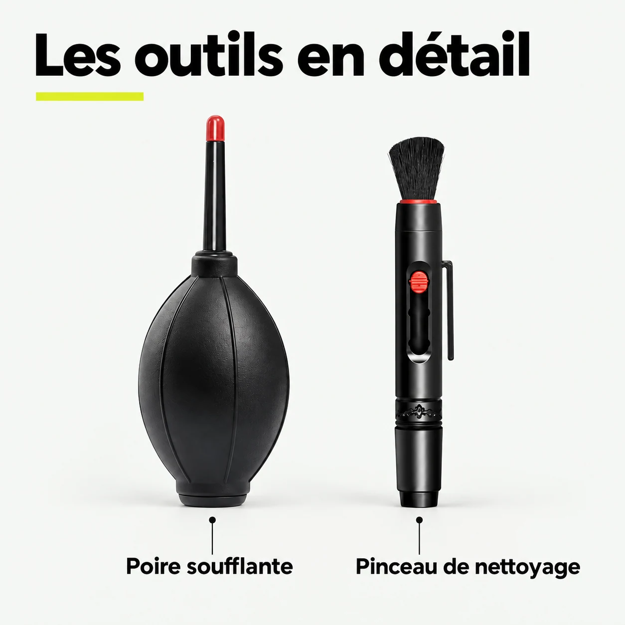 Kit de nettoyage pour optiques — Les outils en détail : Poire soufflante, Pinceau de nettoyage