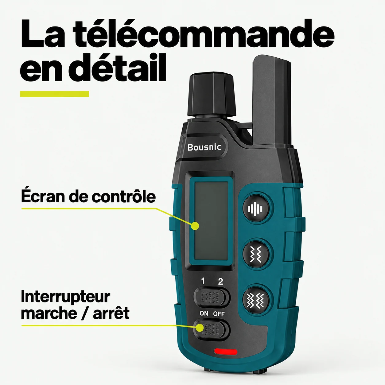 Collier de dressage pour chien — La télécommande en détail : Écran de contrôle, Interrupteur marche / arrêt