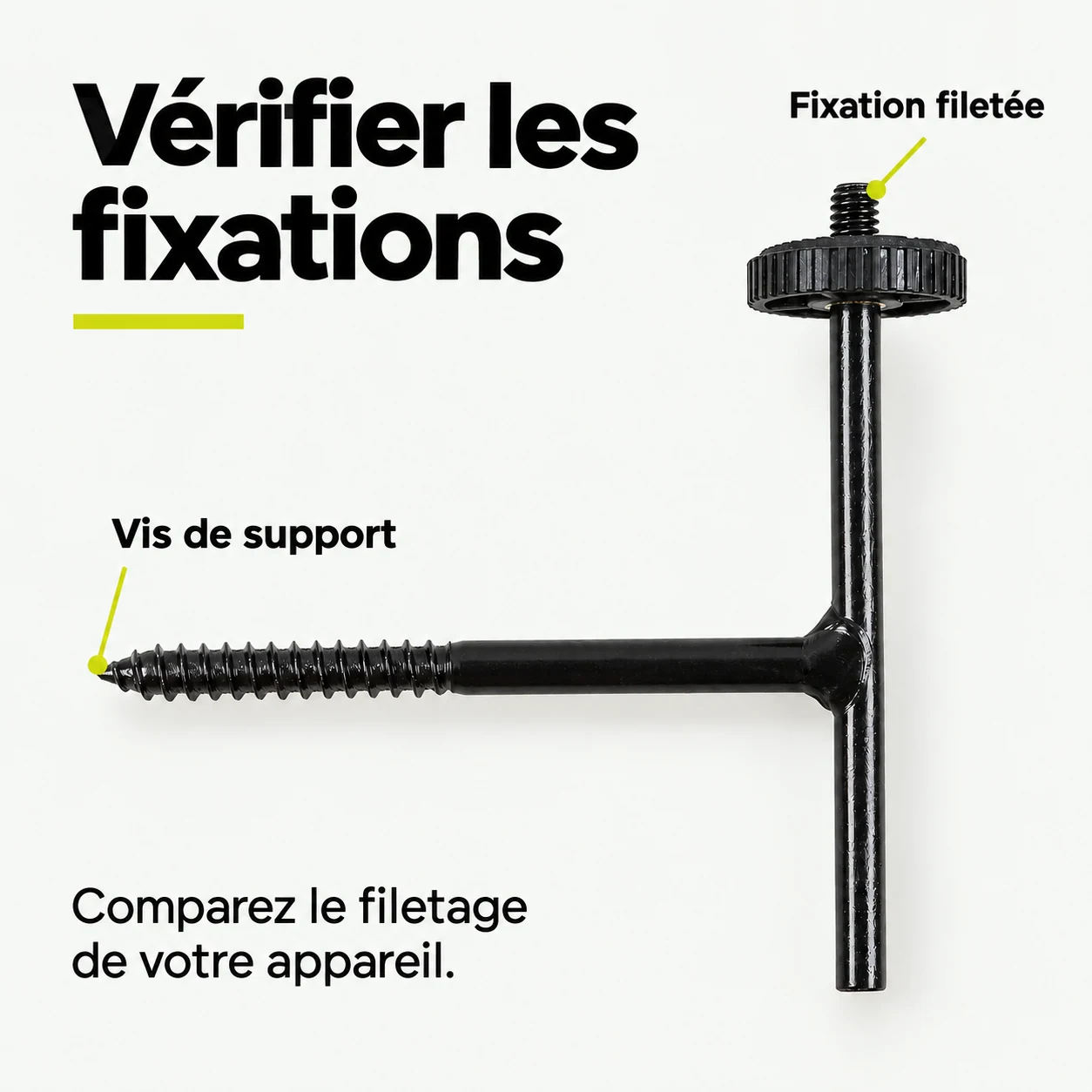 Lot de 2 supports de fixation pour caméra — Vérifier les fixations : Vis de support, Fixation filetée