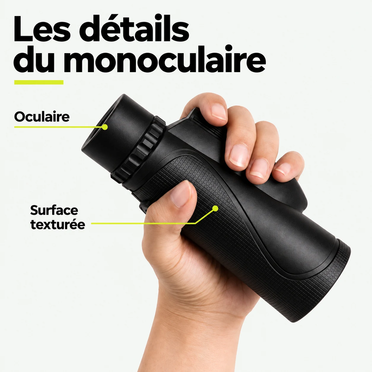 Monoculaire d’observation — Noir — Les détails du monoculaire : Oculaire, Surface texturée