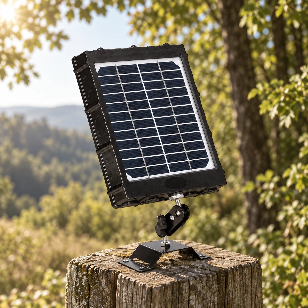Panneau solaire CC-14 orienté dans une zone dégagée en lisière de forêt.
