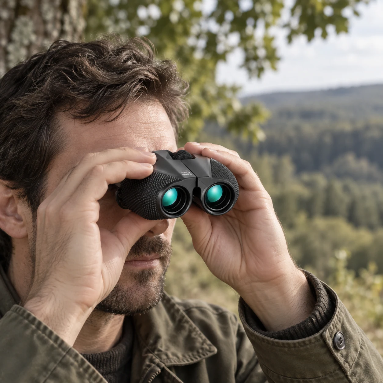 Jumelles compactes CC-20 tenues devant les yeux en lisière de forêt.